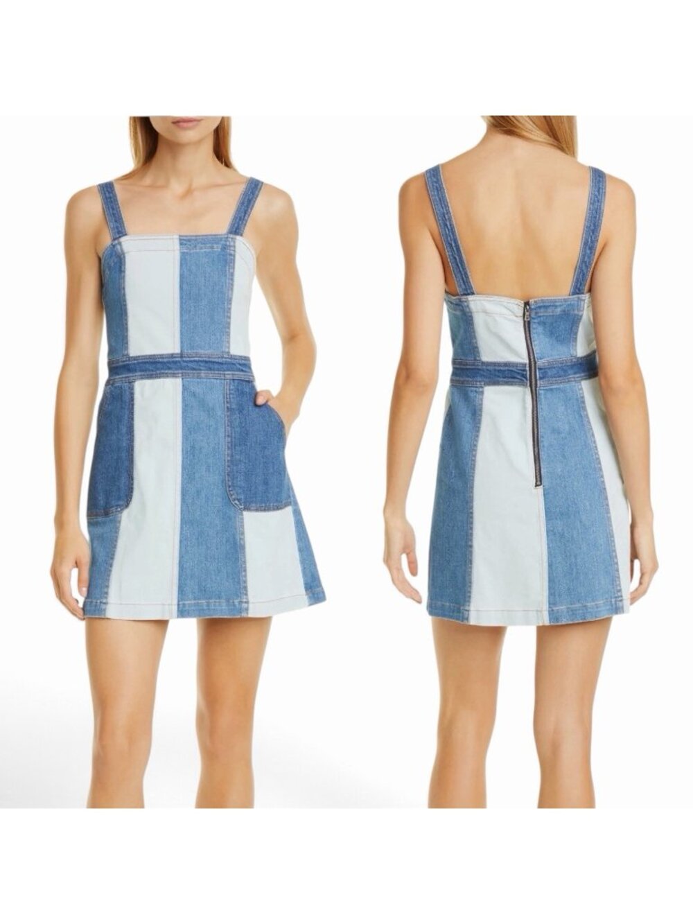 Alice + Olivia Jaimee Mini Denim Jean Dress Size 2 Patchwork Tonal Jumper Zip Up